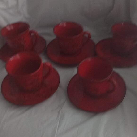 Coffee tea time caps in red color with saucer set of five - Picture 2 of 3